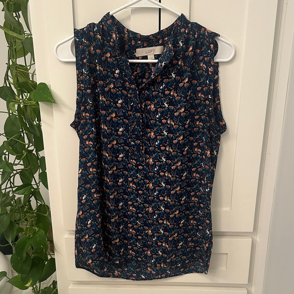 LOFT Navy and Orange Floral Blouse